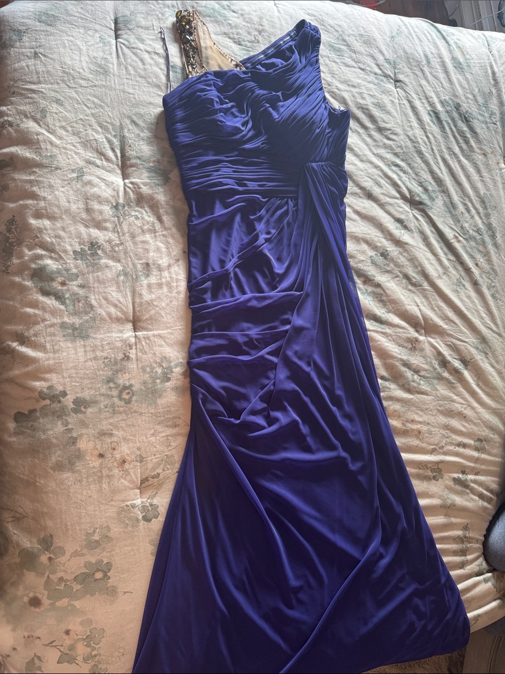 Adrianna Papell One-Shoulder Sapphire Blue Evening Gown with Jeweled Strap